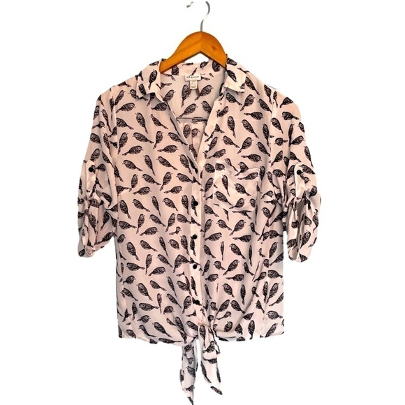 Sheer Button Up Collared Tie Front 3/4 Length Bird Shirt by Dynamite Sz S - Picture 1 of 5